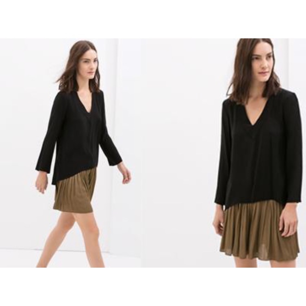 Zara Classic Black V-Neck Long Sleeve Shirt